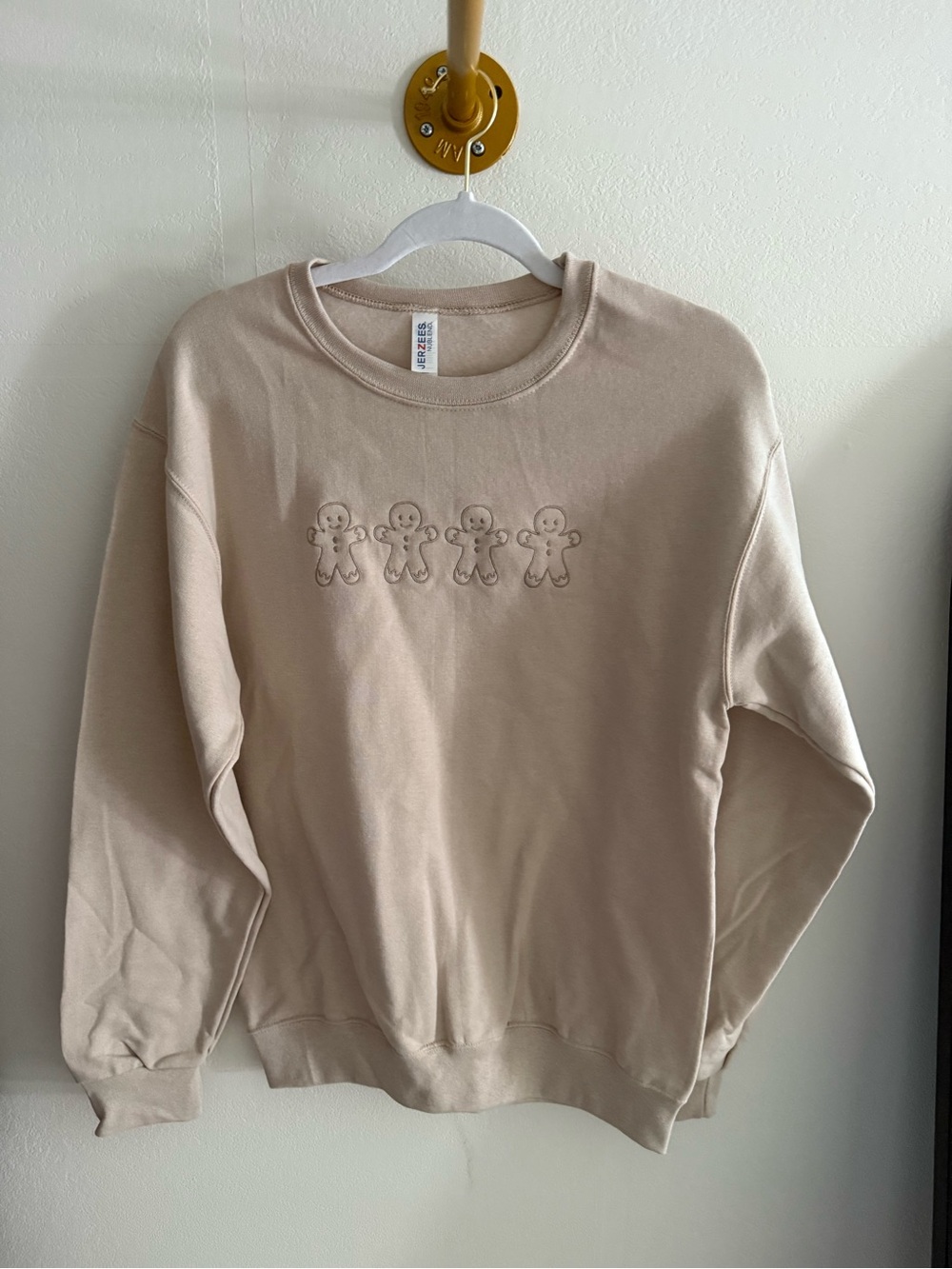 Beige Crewneck Sweater with Gingerbread Embroidery